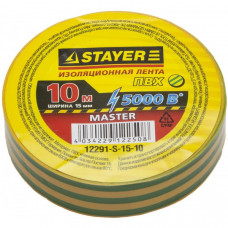 Изолента STAYER "MASTER" желто-зеленая, ПВХ, 5000 В, 15мм х 10м 12291-S-15-10